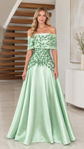 Front view of model wearing Sage Green off-the-shoulder embroidered satin evening gown
