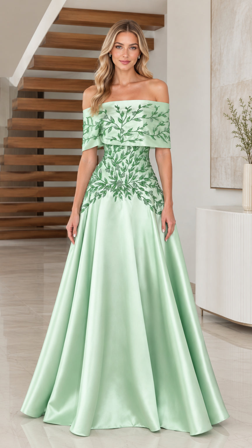 Front view of model wearing Sage Green off-the-shoulder embroidered satin evening gown