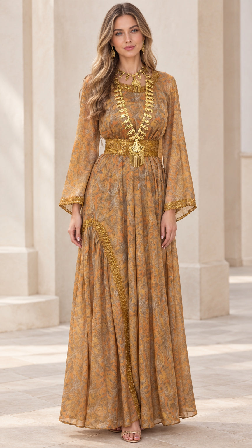Mustard yellow paisley print maxi dress with flared bell sleeves and gold waistband front view