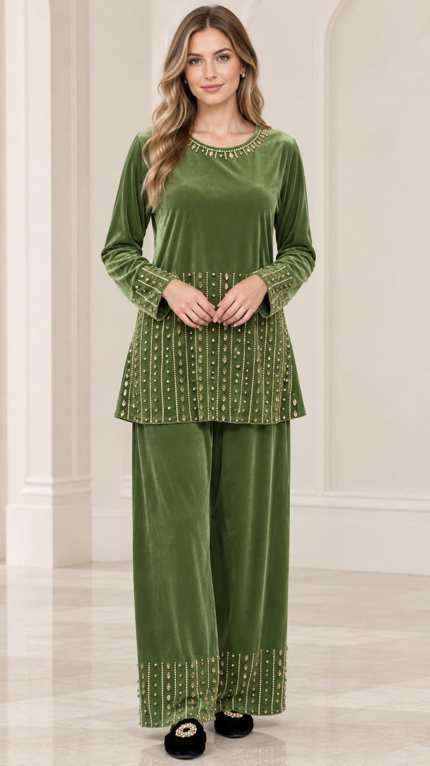 Front view of woman wearing olive green embellished velvet tunic and wide-leg pants set