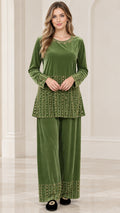 Front view of woman wearing olive green embellished velvet tunic and wide-leg pants set