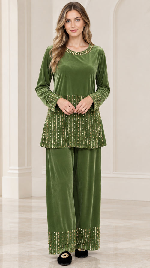 Front view of woman wearing olive green embellished velvet tunic and wide-leg pants set