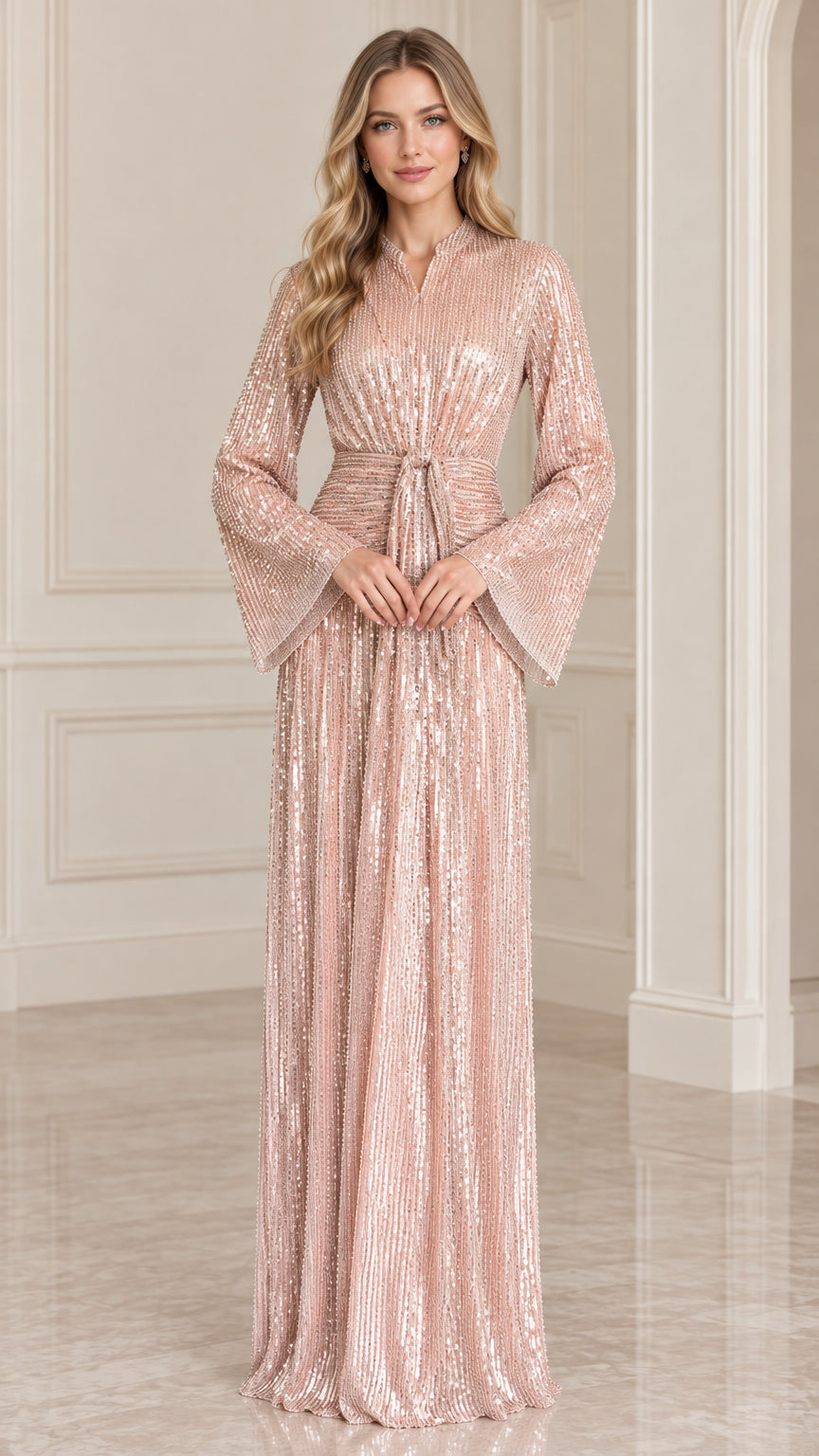 Front view of model wearing Rose Gold long flared sleeve sequin maxi dress