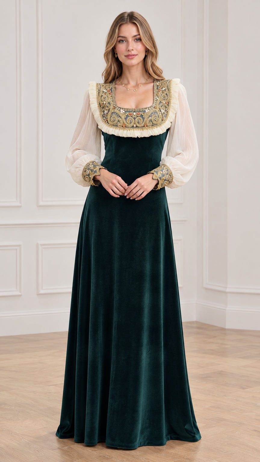 Front view of model wearing dark green velvet renaissance maxi dress with embroidered neckline and sheer sleeves