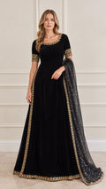 Black embroidered velvet maxi gown with matching sheer dupatta