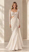 Ivory embellished draped saree evening gown with long lace sleeves - front view
