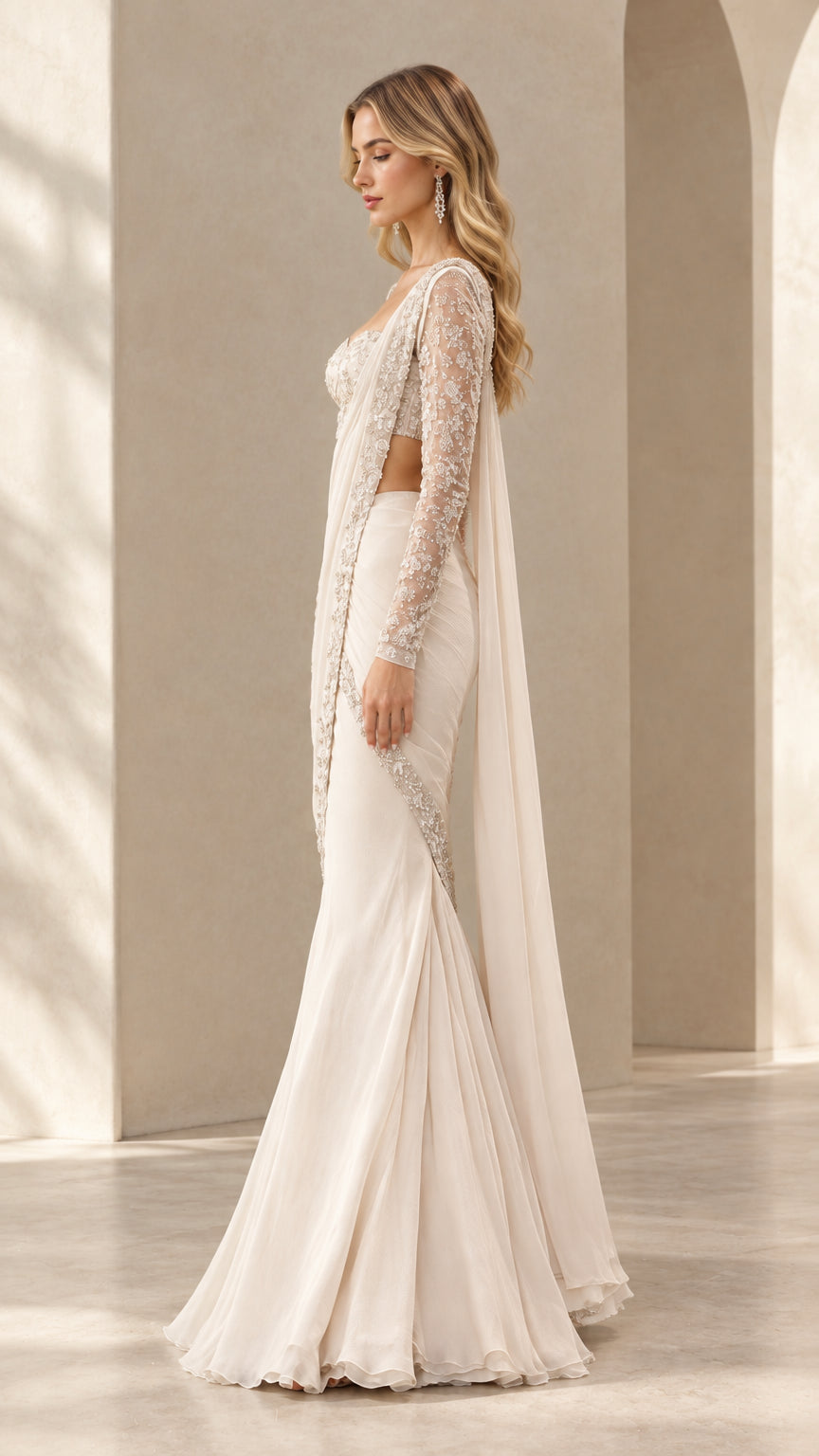 Ivory formal fusion mermaid saree gown with flowing cape pallu - side profile