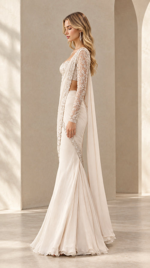 Ivory formal fusion mermaid saree gown with flowing cape pallu - side profile