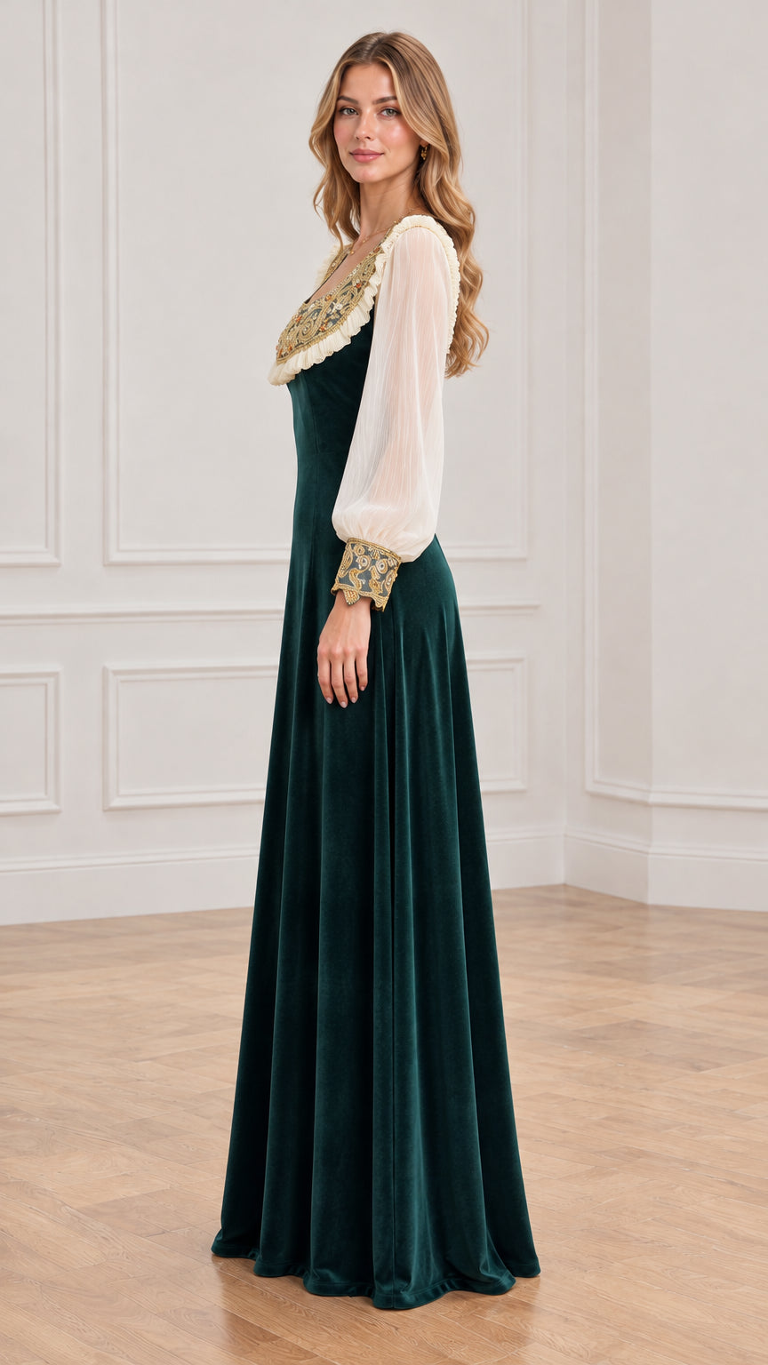 Side profile view of dark green velvet floor-length vintage gown