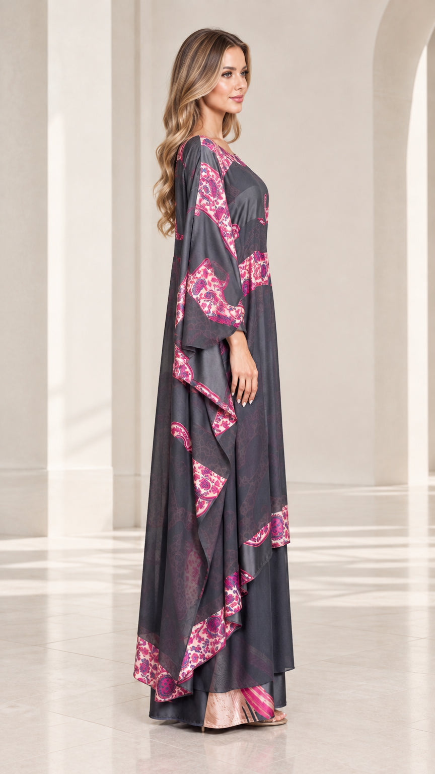 Side profile view showing draped batwing sleeve and asymmetrical tiered hem