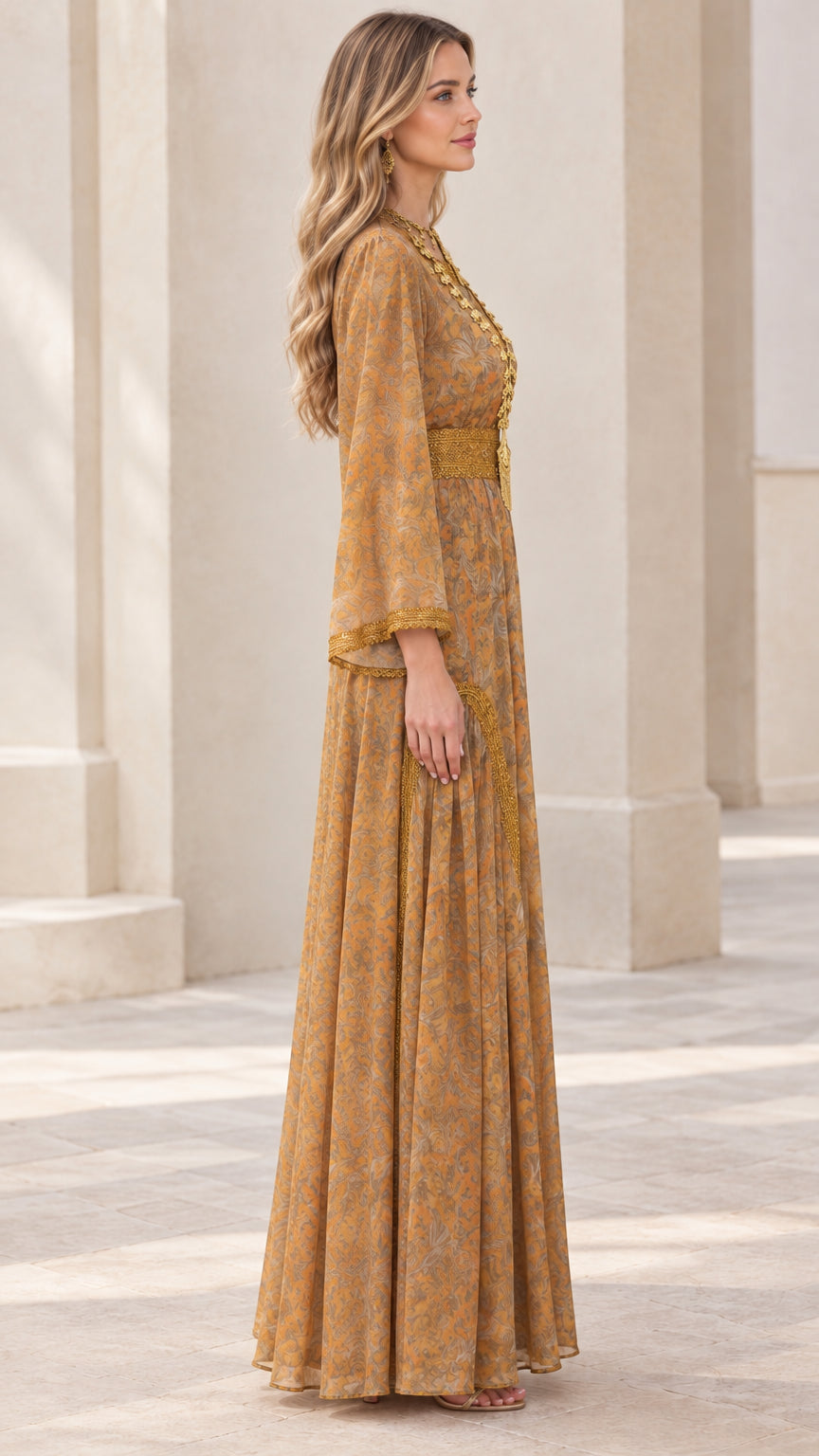 Side profile of woman wearing mustard yellow paisley maxi dress