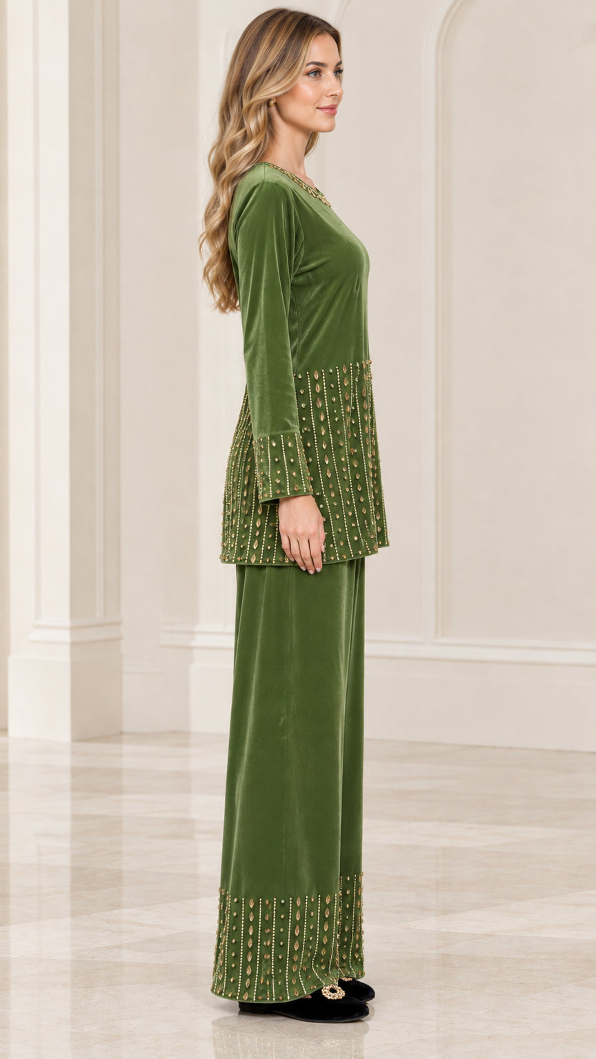 Side profile view of woman wearing olive green velvet 2-piece set