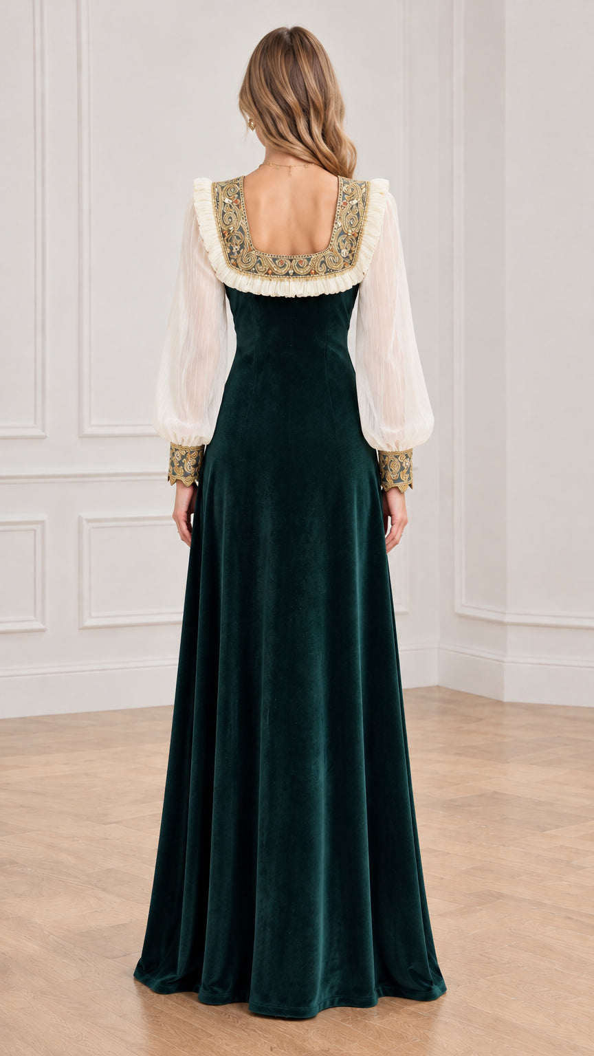 Back view of dark green velvet maxi dress showing square back and flowy skirt