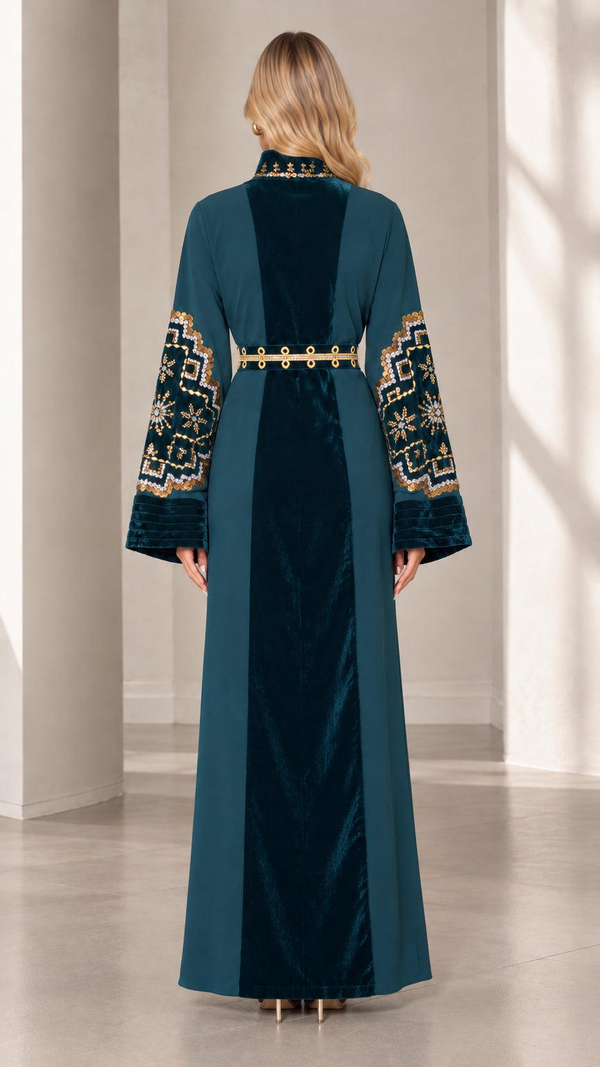 Back view of woman wearing teal velvet panel kaftan maxi dress