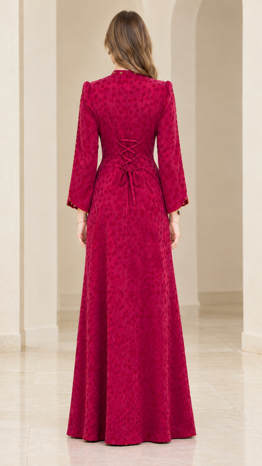 Rear view of the magenta maxi dress highlighting the adjustable lace-up corset back detail