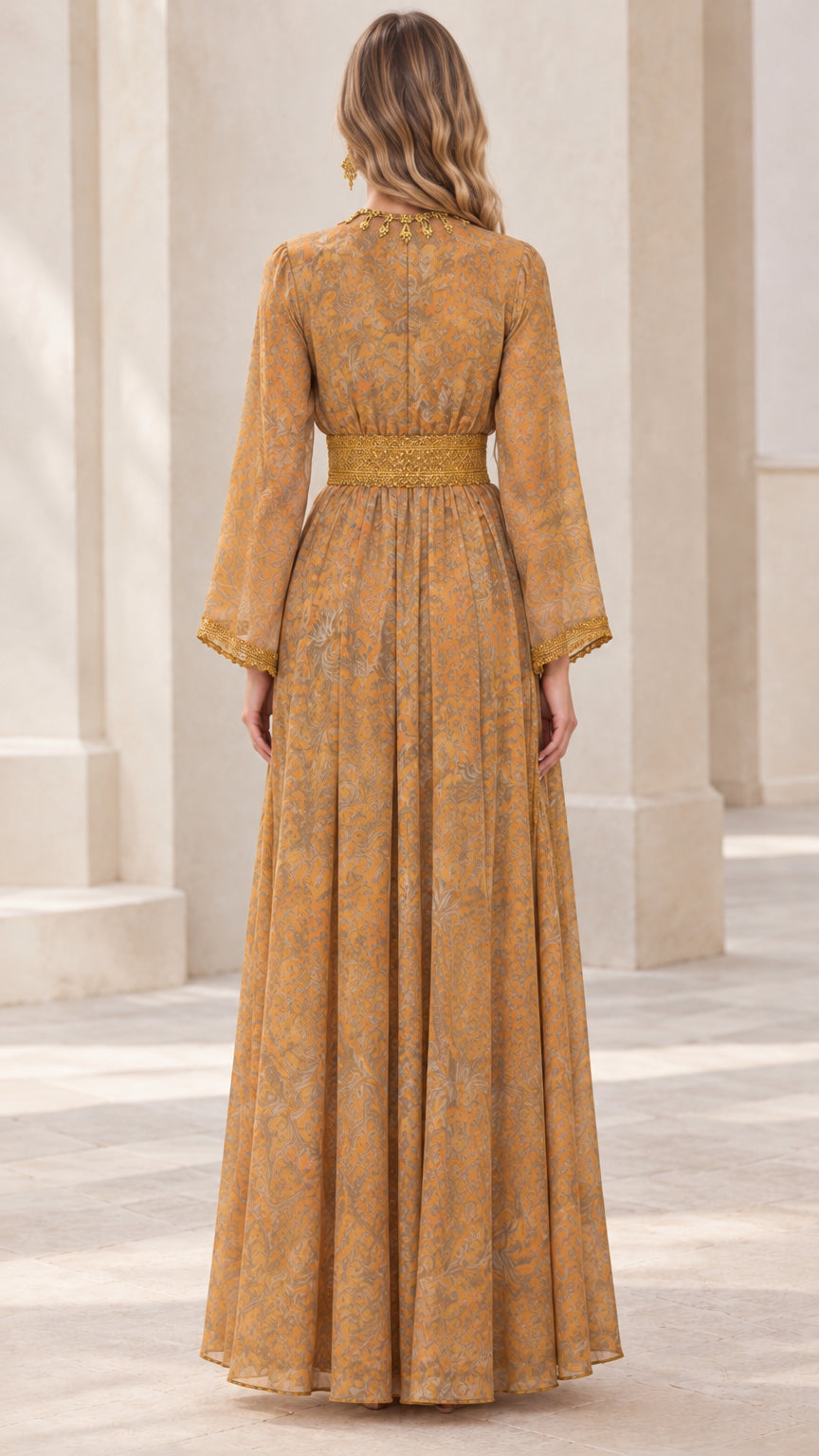 Back view of woman wearing mustard yellow paisley long dress