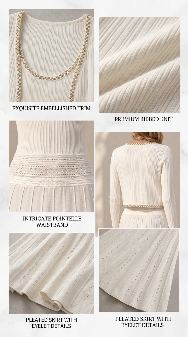 Close-up details of embellished trim, premium ribbed knit, pointelle waistband, and pleated eyelet skirt