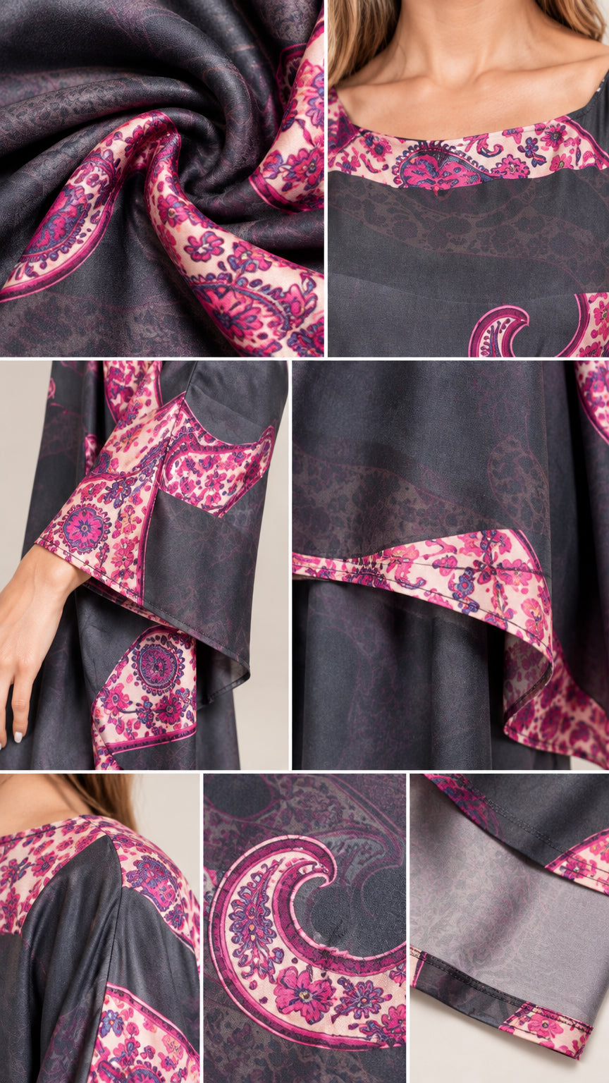 Close-up details of paisley pattern trim, boat neckline, and fabric texture