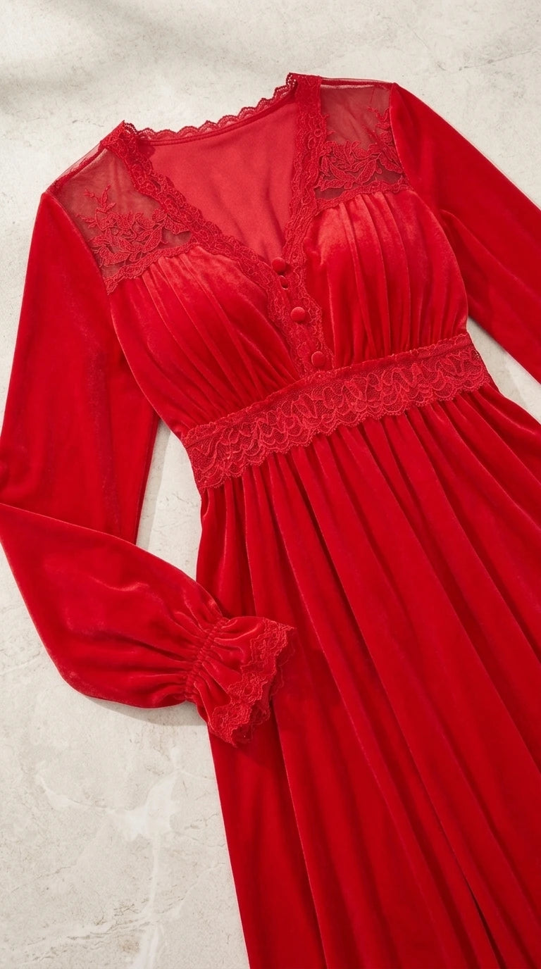 Close-up flat lay of Red velvet dress showing lace neckline, bodice, and ruffled cuffs
