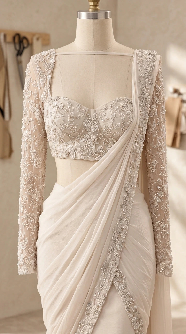 Detailed close-up of ivory beaded crop bodice with sheer lace sleeves on mannequin