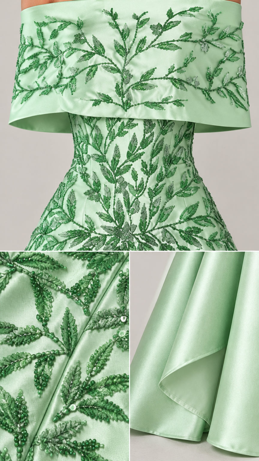 Close-up details of beaded leaf embroidery and satin fabric texture