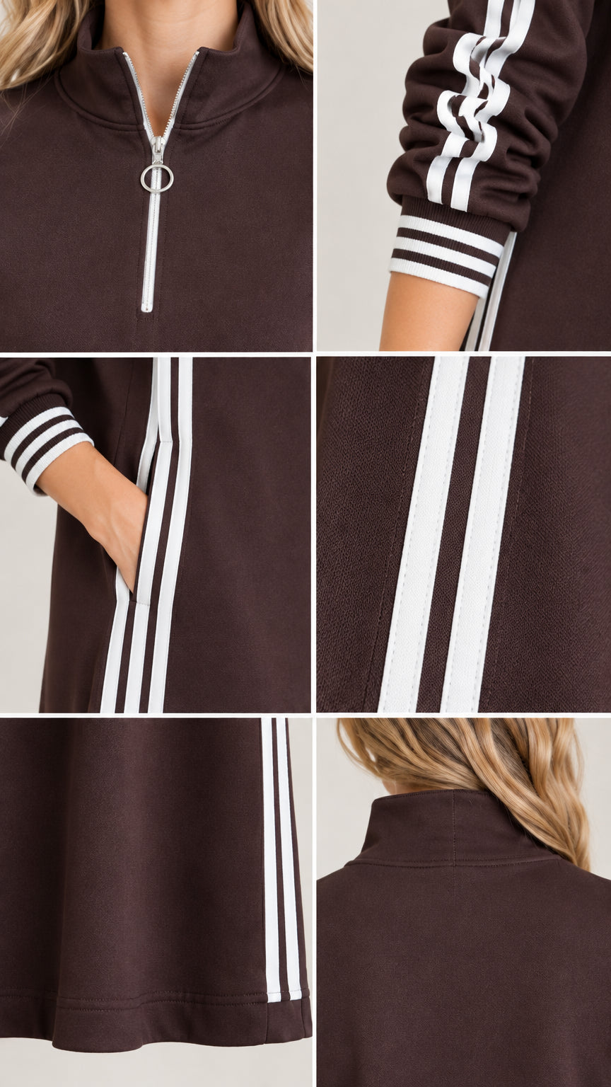 Close-up details of collar zip, striped cuff, pocket, and hem