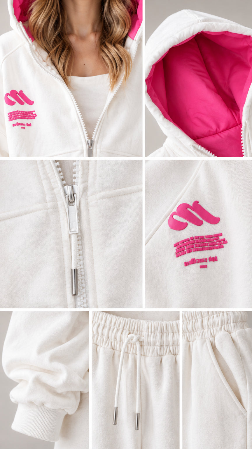 Close-up details of off-white zip-up hoodie with pink contrast lining and drawstring waistband