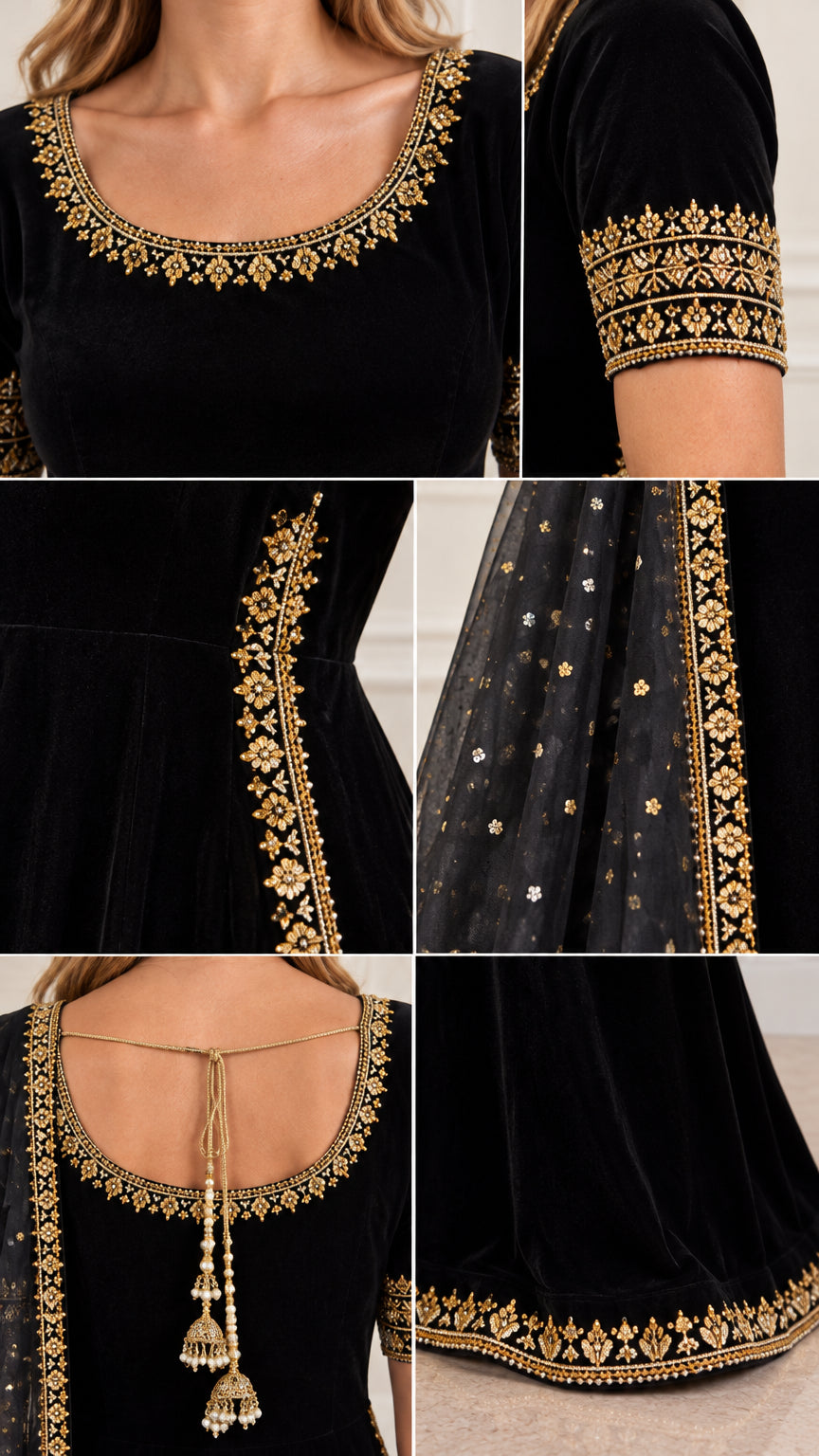 Close-up details of gold embroidery, neckline, cuff, and back tassel ties