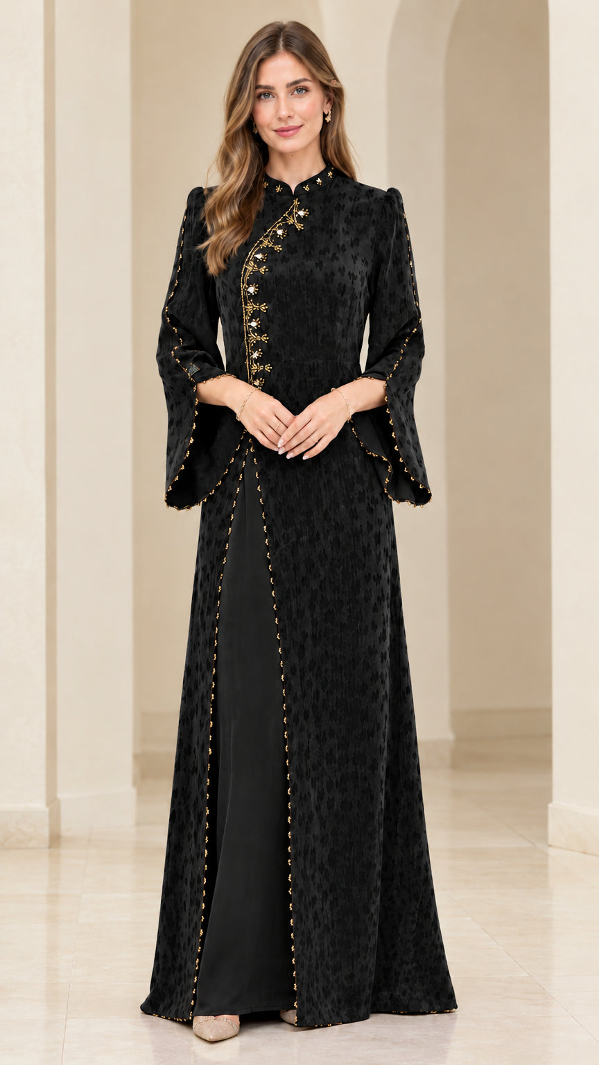 Full-length front view of the embroidered jacquard split maxi dress in Black