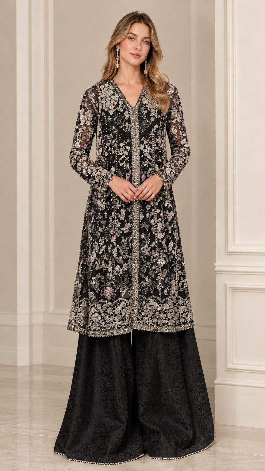 Black embroidered lace long kurti paired with matching wide-leg trousers