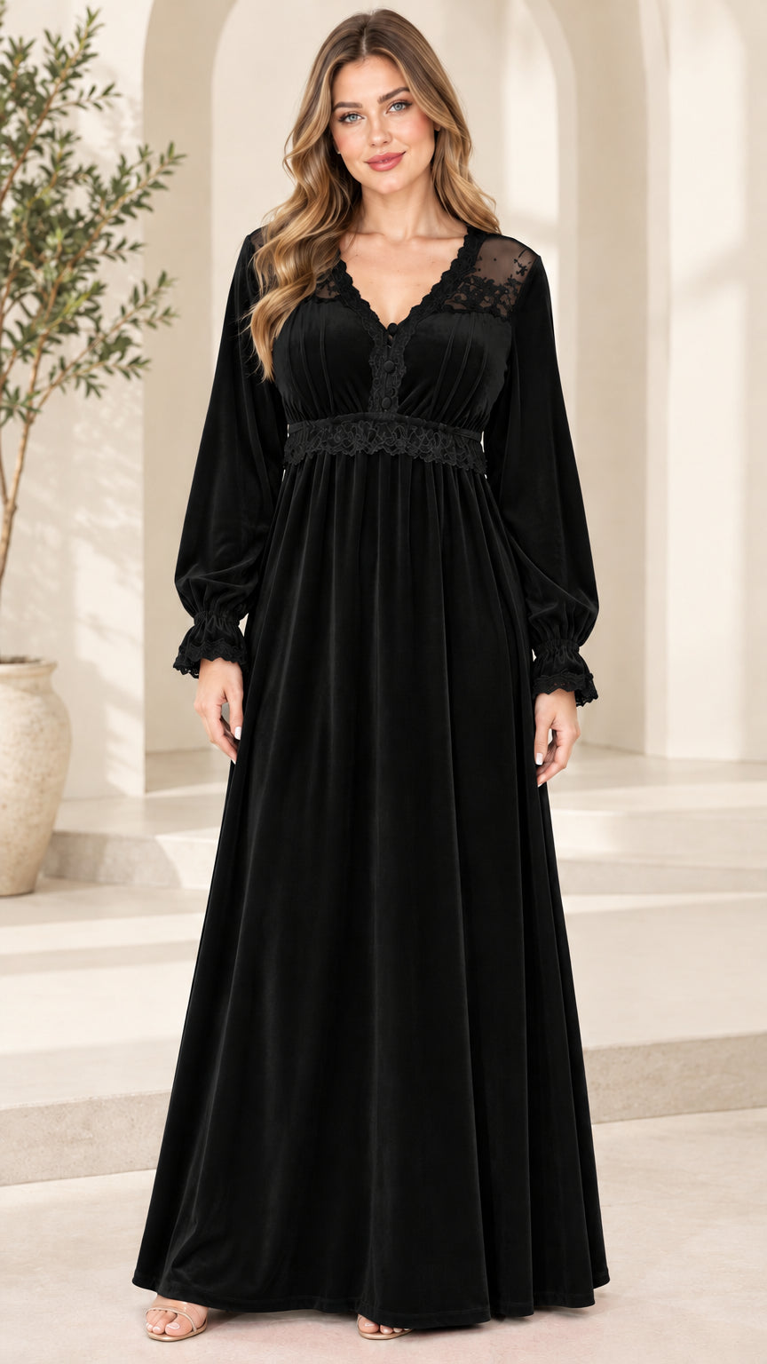 Front view of woman wearing Black lace trim velvet maxi dress