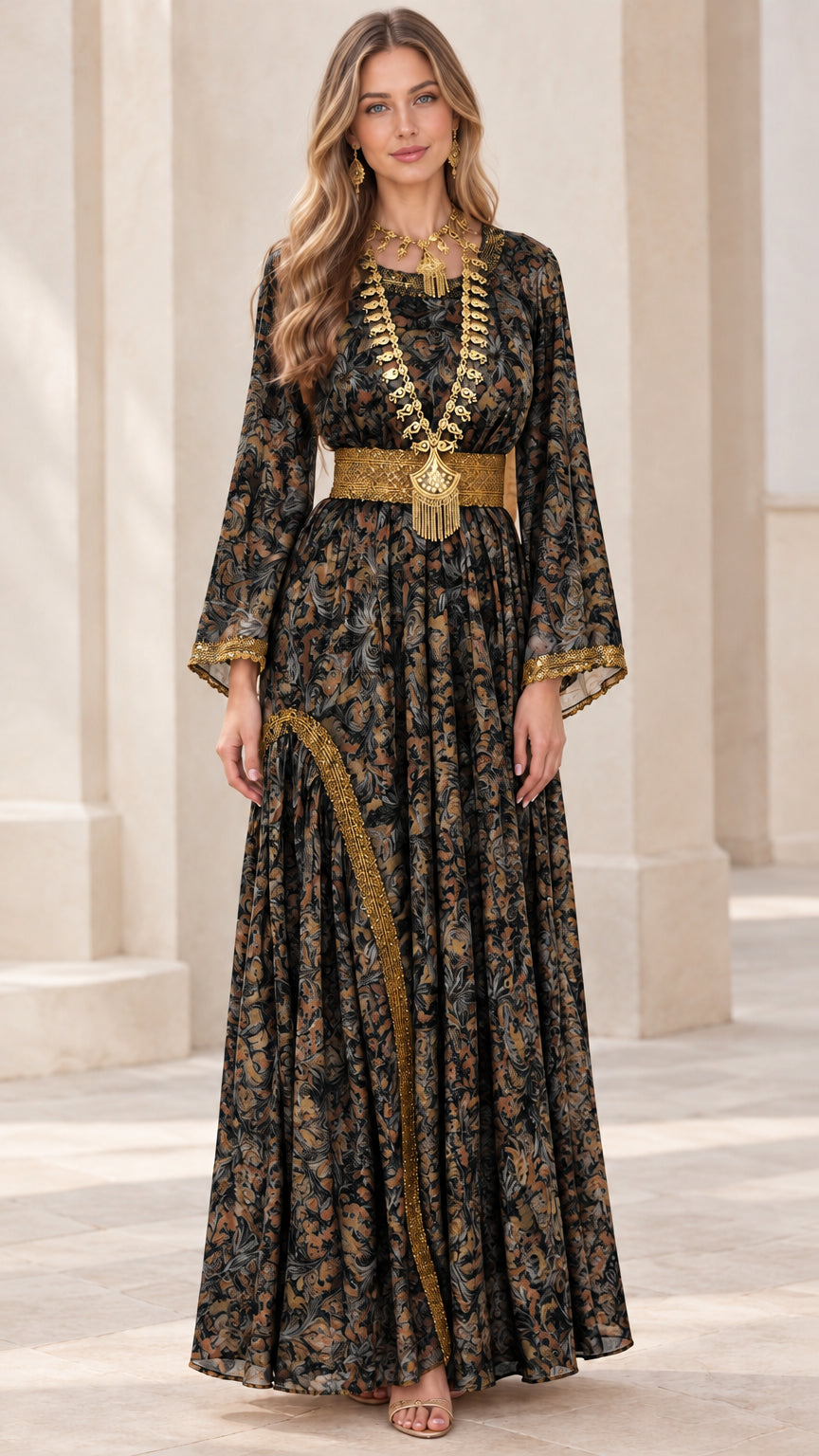 Black and gold vintage paisley long bell sleeve maxi dress