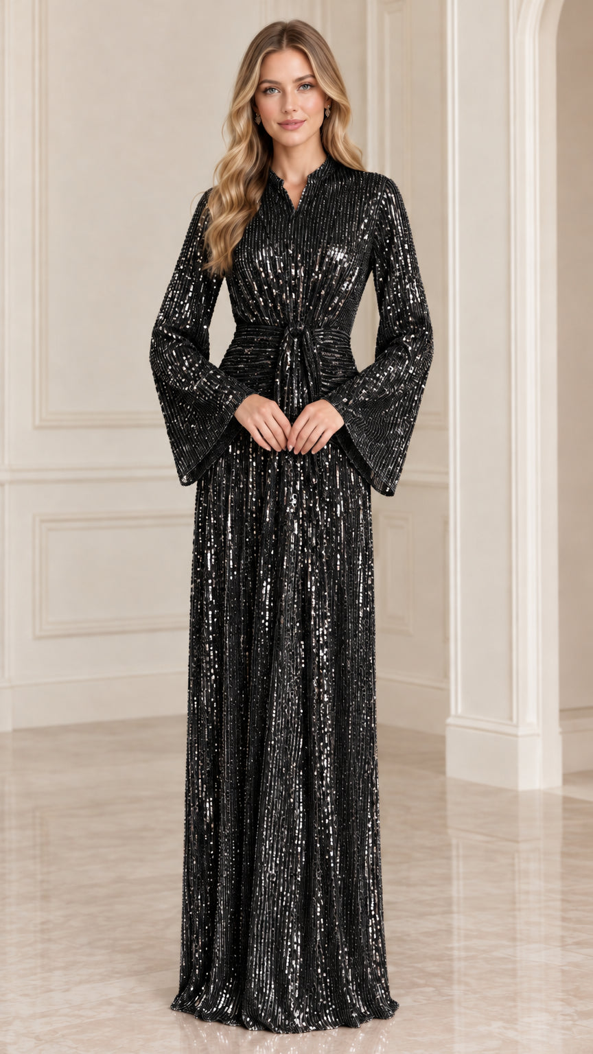 Model wearing Black flared sleeve sequin maxi evening gown