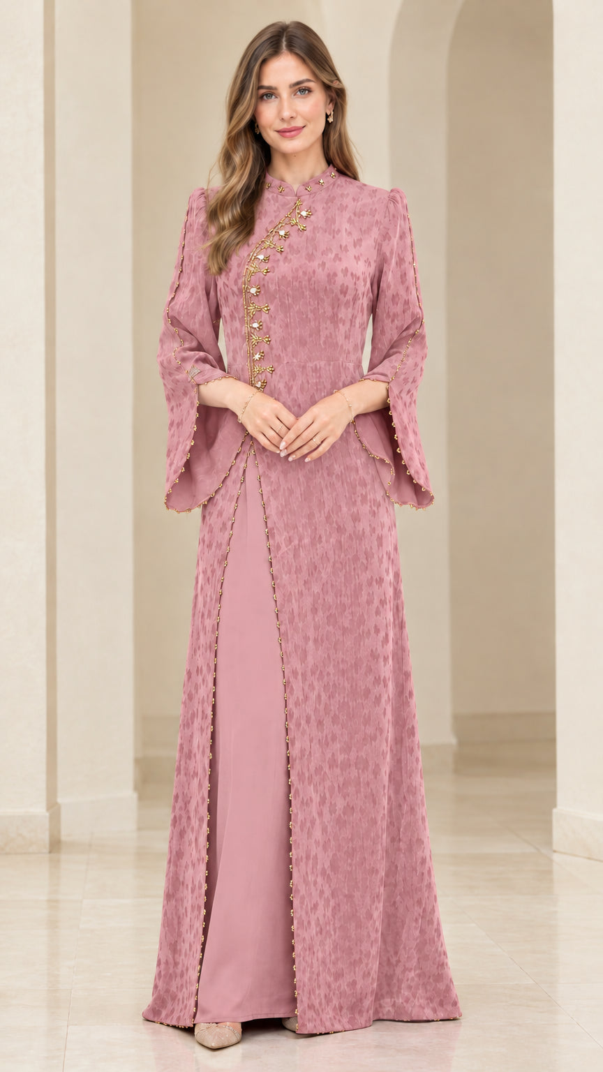 Full-length front view of the embroidered jacquard split maxi dress in Dusty Pink