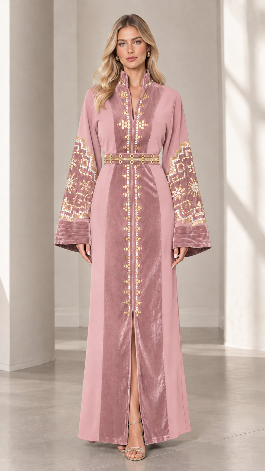 Front view of woman wearing dusty pink embroidered velvet kaftan maxi dress with gold belt