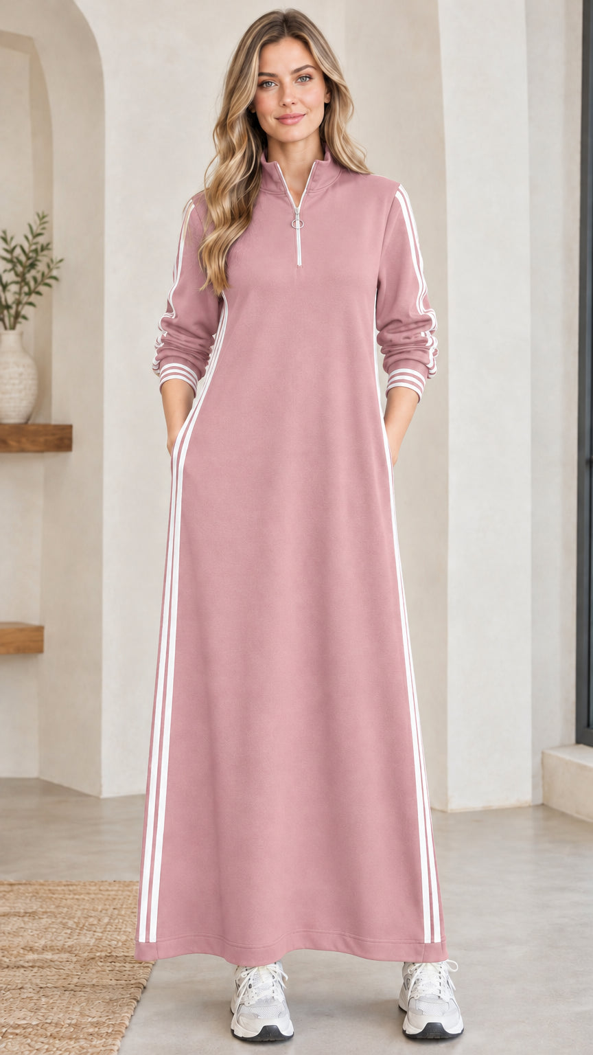 Full front view of women's dusty pink half-zip striped maxi dress