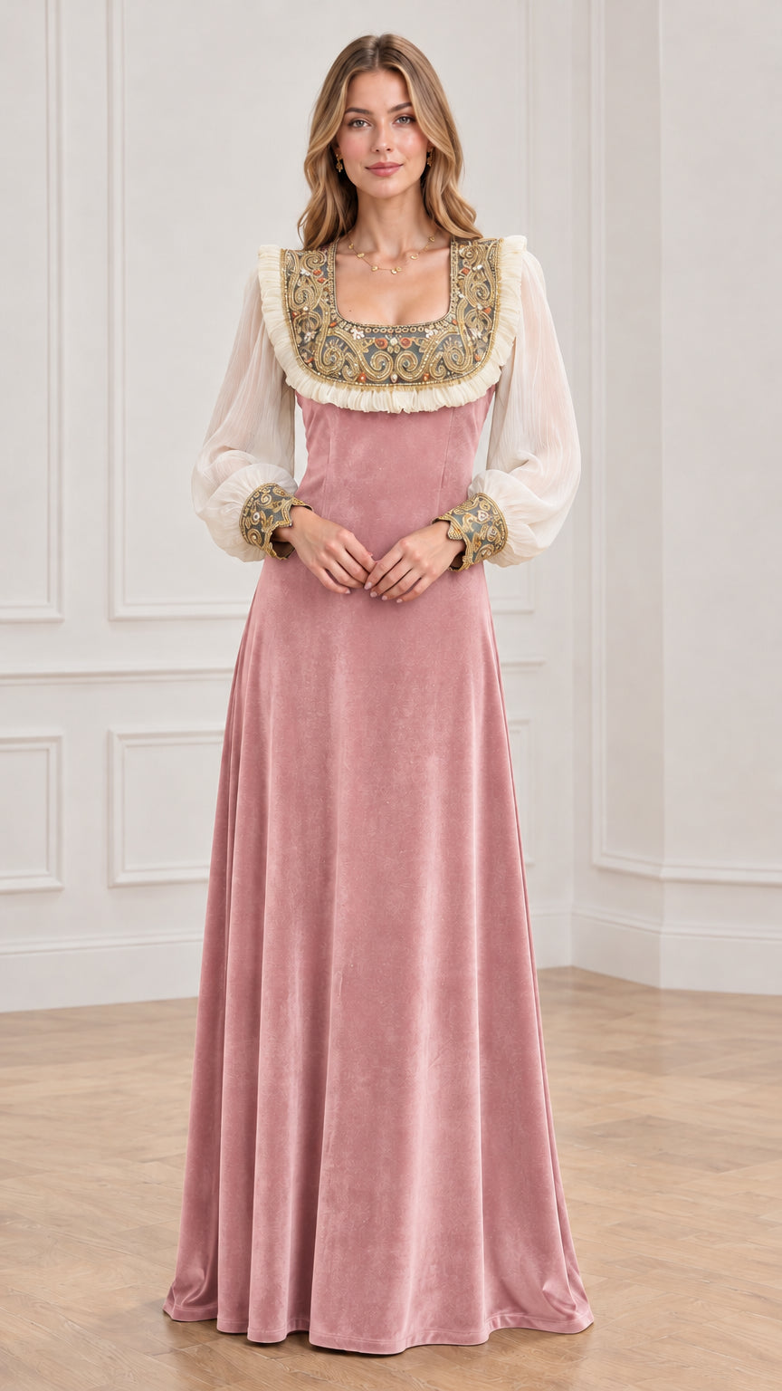 Model wearing dusty pink velvet renaissance maxi dress with embroidered trim