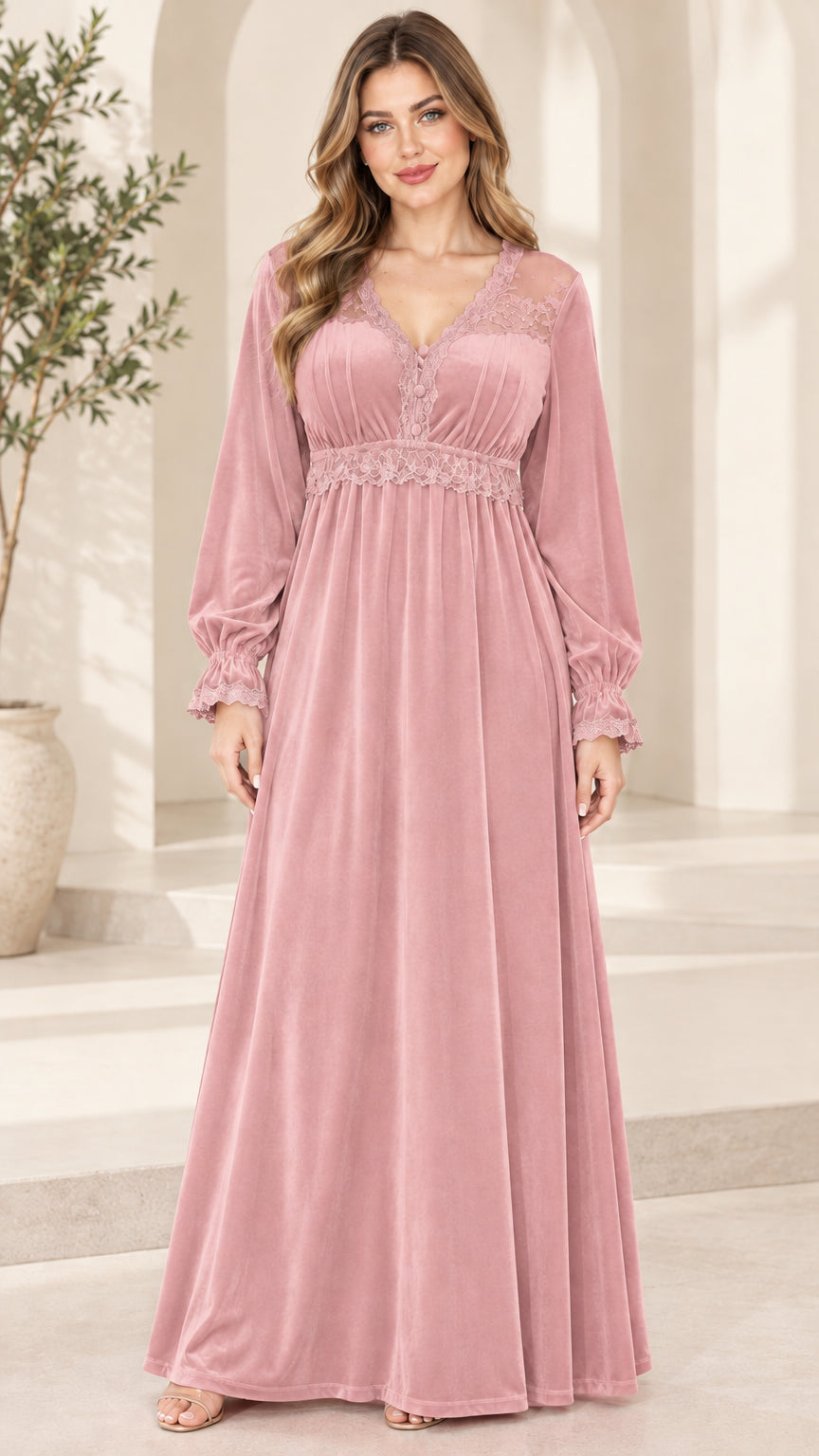 Front view of woman wearing Dusty Pink lace trim velvet maxi dress