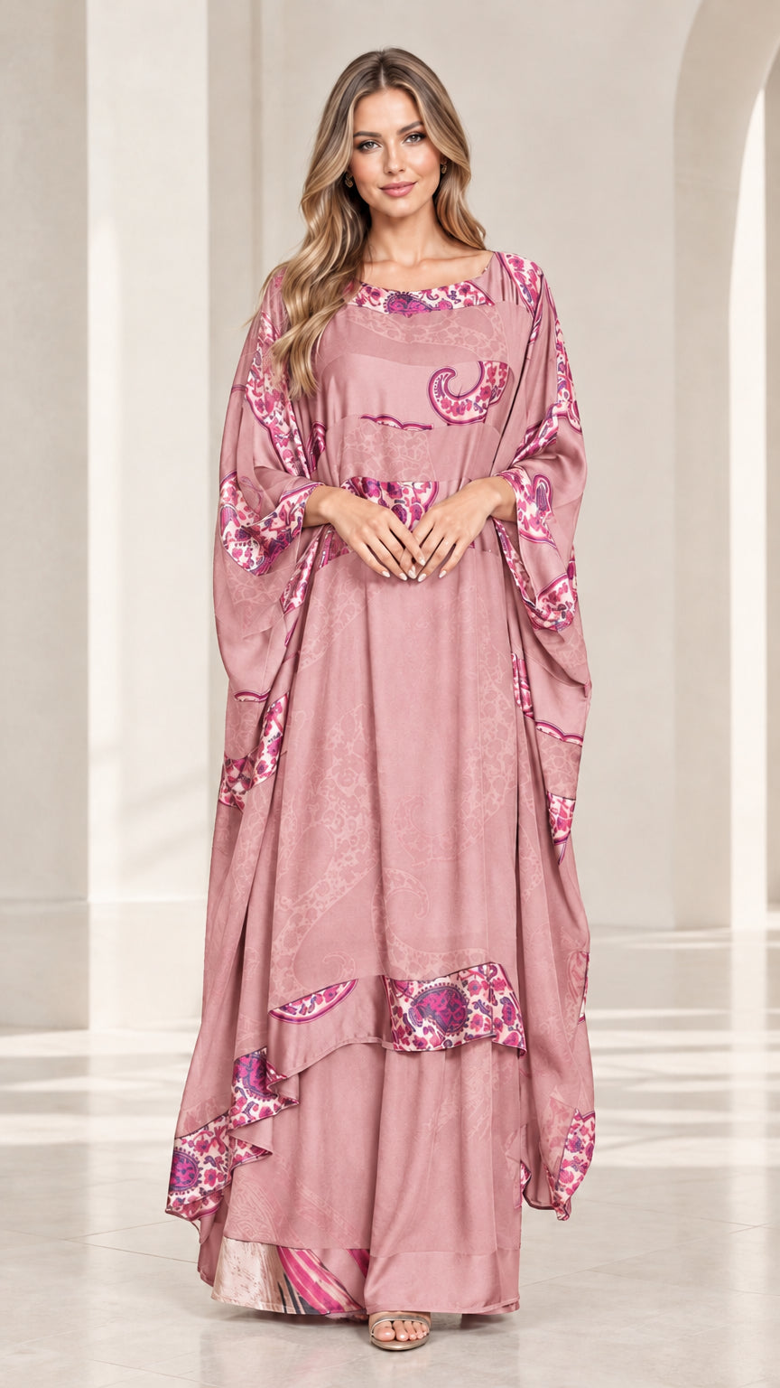 Full-length view of dusty rose pink paisley print kaftan dress