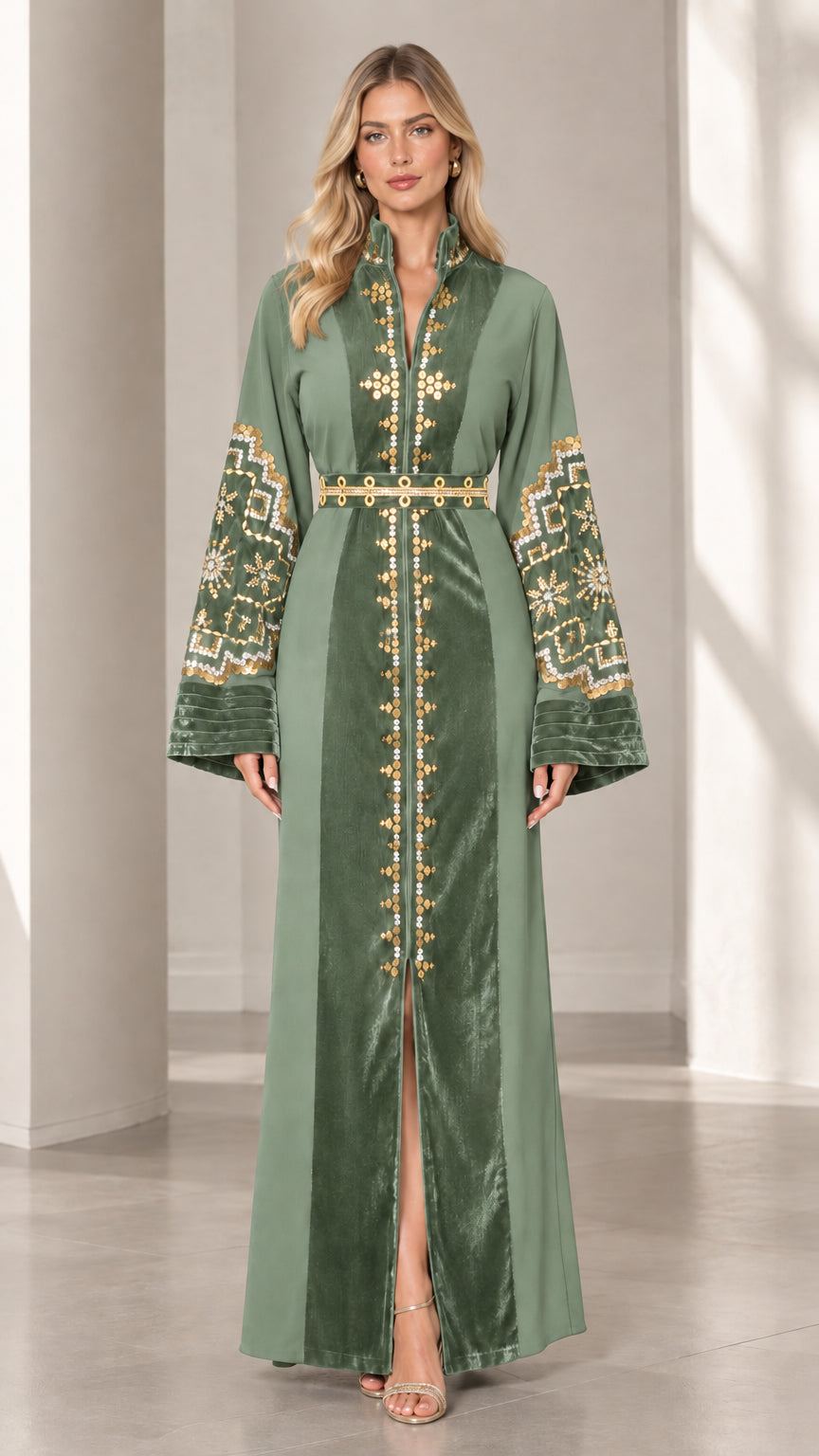 Front view of woman wearing sage green embroidered velvet kaftan maxi dress with gold belt