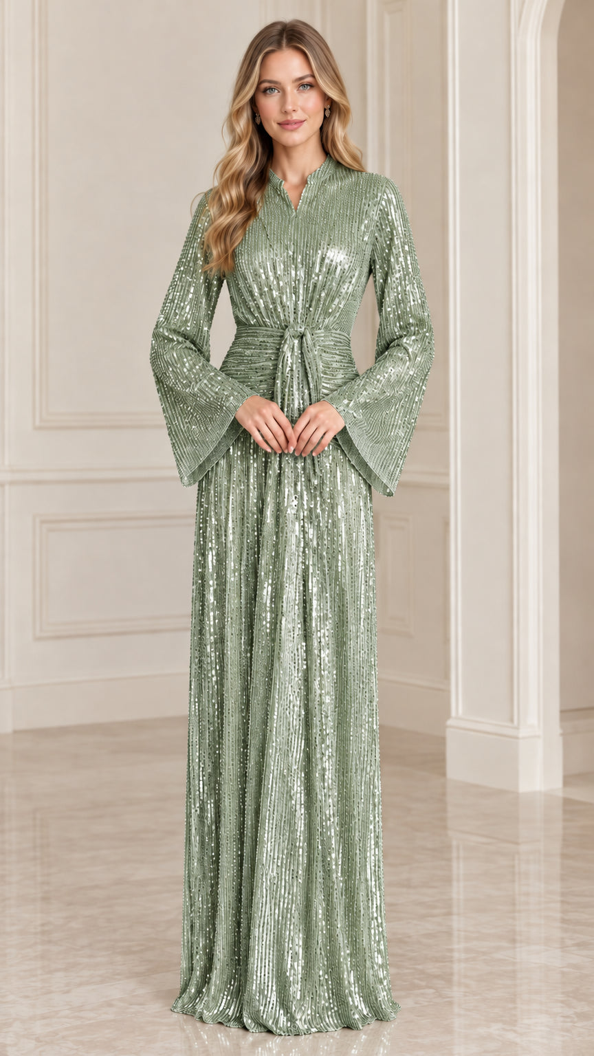 Model wearing Sage Green flared sleeve sequin maxi evening dress