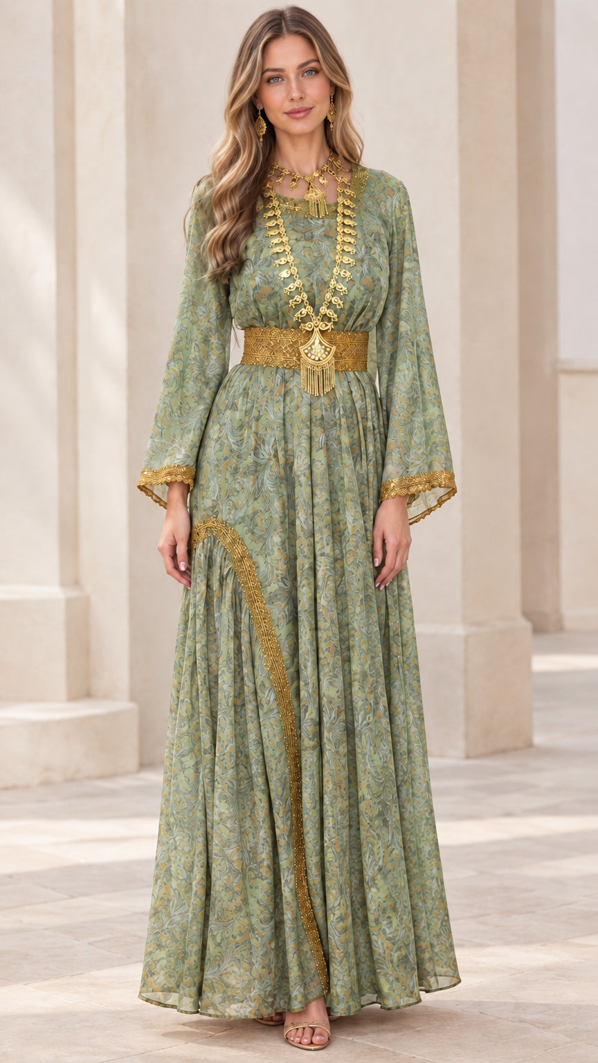 Sage green vintage paisley long bell sleeve maxi dress