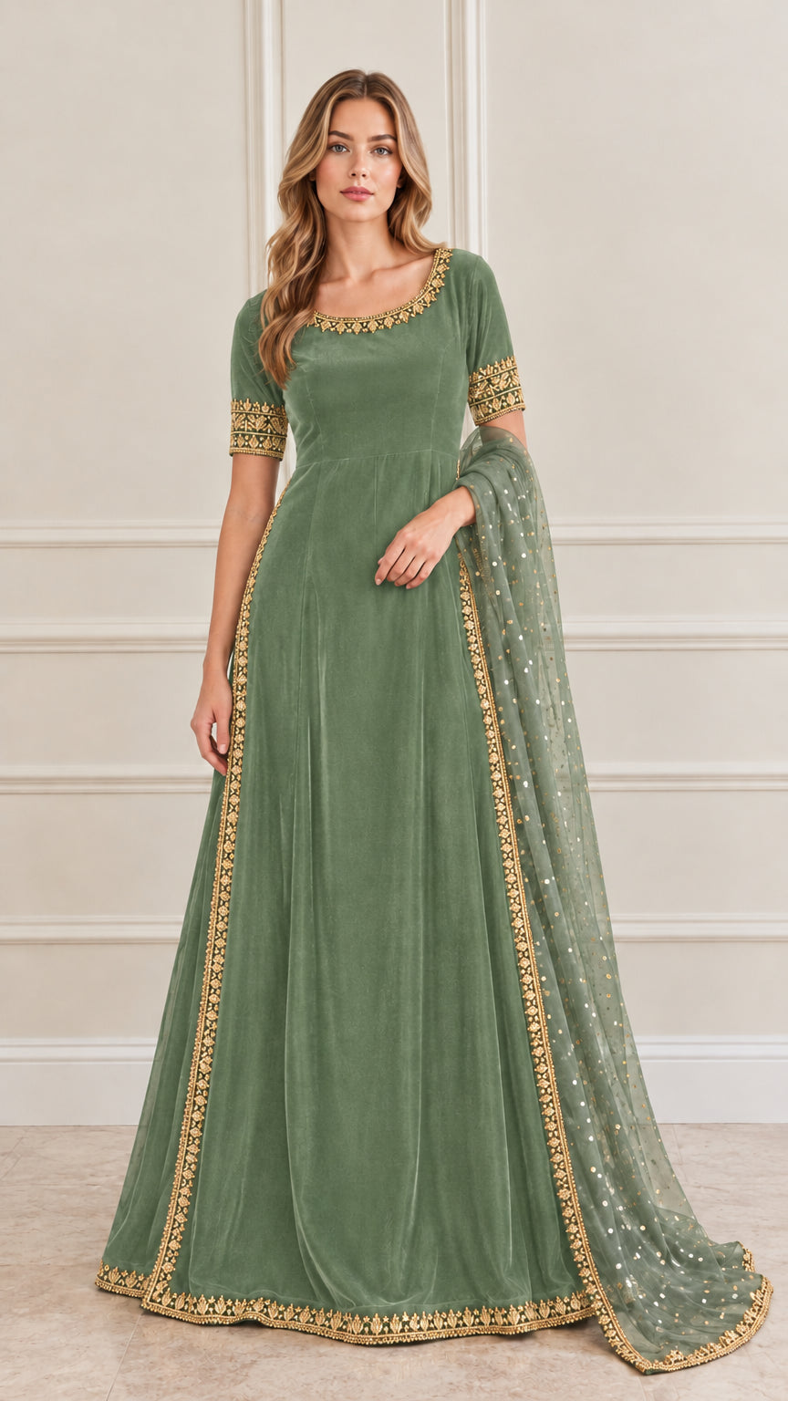Sage green velvet embroidered maxi gown with sheer embellished dupatta