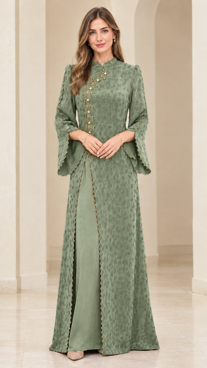 Full-length front view of the embroidered jacquard split maxi dress in Sage Green