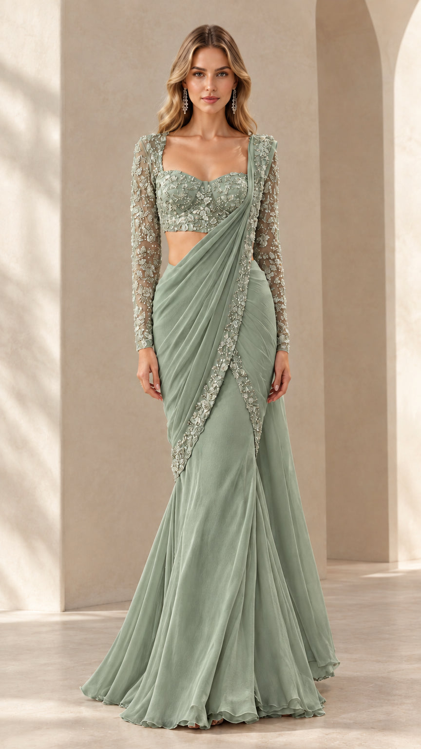 Sage green beaded draped saree evening gown with sheer lace sleeves