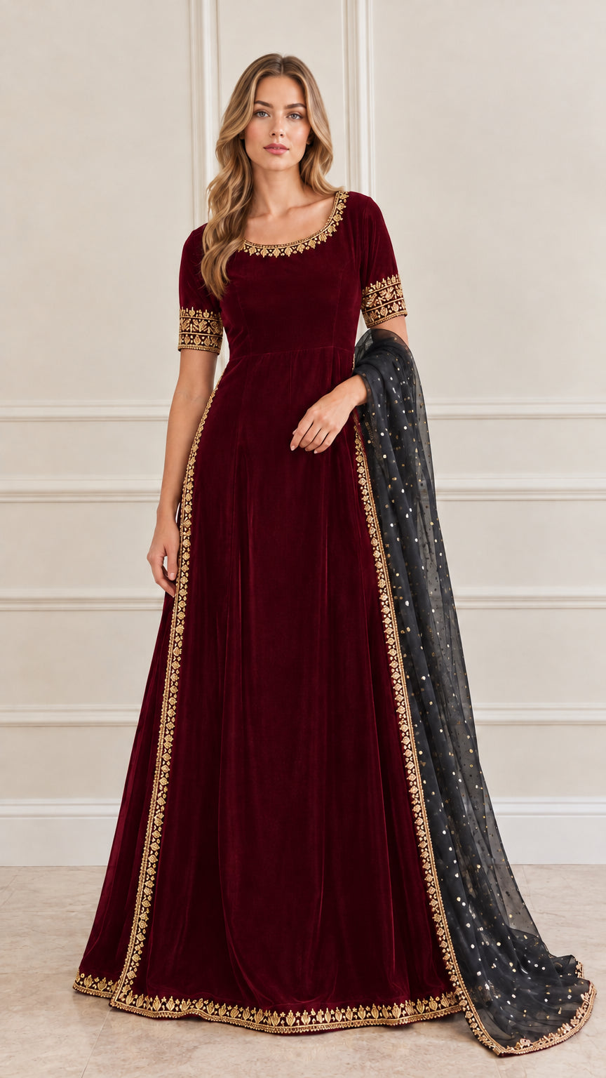 Burgundy wine velvet embroidered maxi gown with dark embellished dupatta