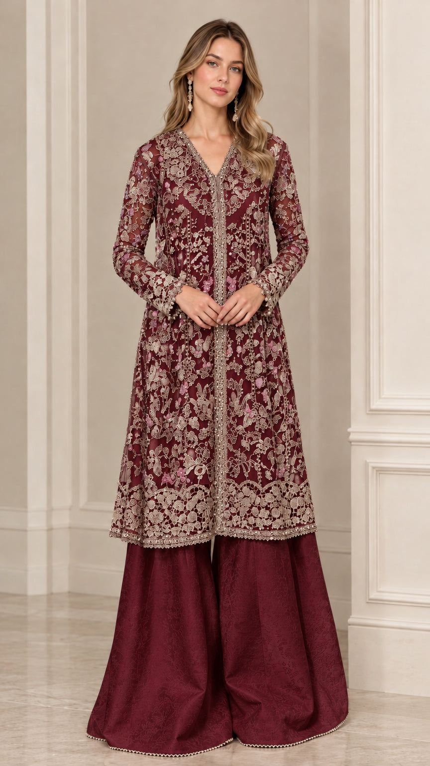Burgundy embroidered floral lace tunic set with deep red flared trousers