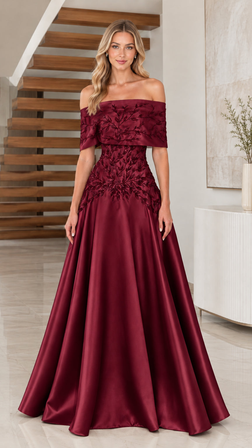 Burgundy wine red off-the-shoulder embroidered satin evening gown