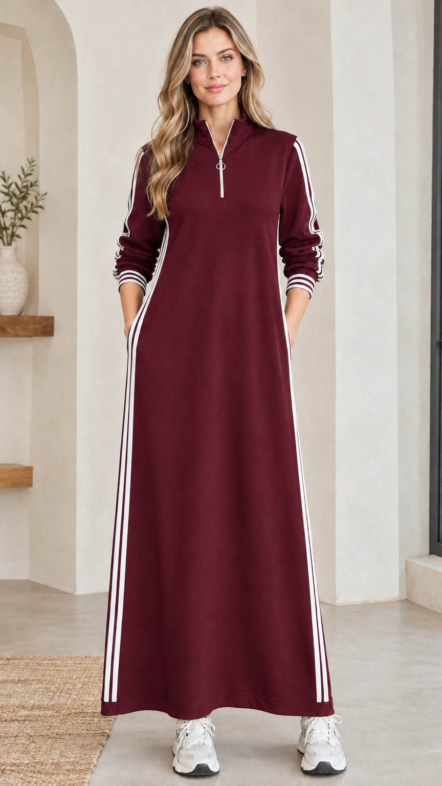 Full front view of women's burgundy half-zip striped maxi dress