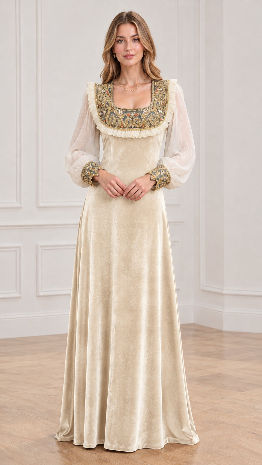 Model wearing champagne velvet renaissance maxi dress with sheer balloon sleeves